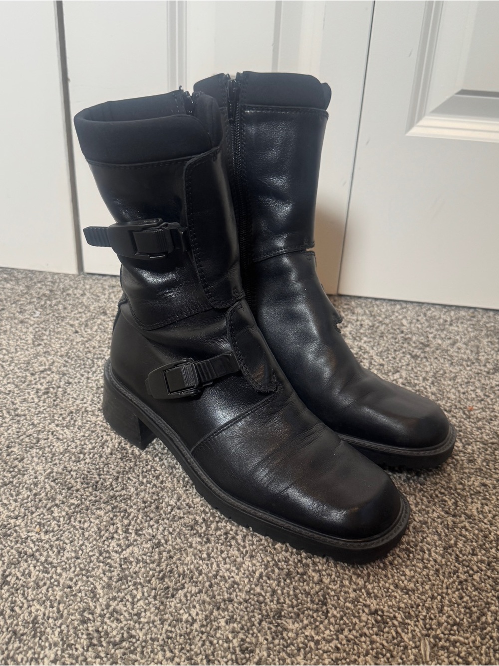 Stuart Weitzman Rare Vintage Moto Engineer Boots Black Leather Buckle Spain 6